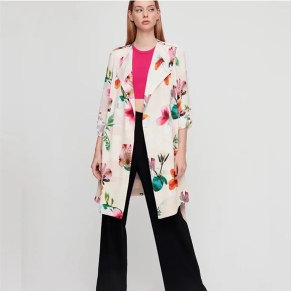 Babaton Aritzia Quincey Floral Duster Trench Jacket w/ Pockets Beige Pink XS - Picture 4 of 5